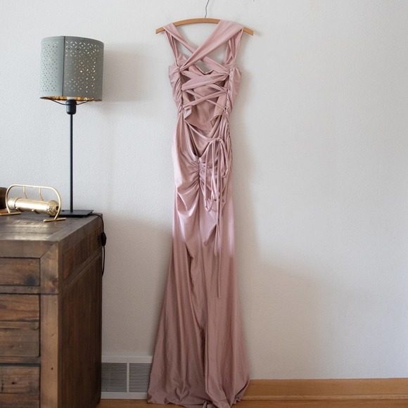 La Femme Off the Shoulder Satin Strappy Back Trumpet Gown in Mauve - Picture 5 of 5